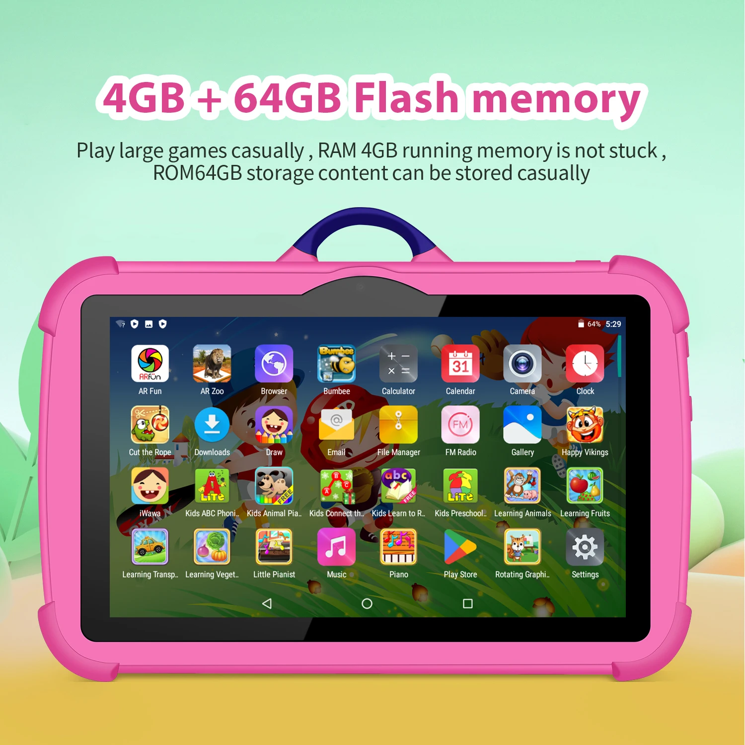 새로운 만화 패턴 어린이 태블릿 7 인치 쿼드 코어 4GB RAM 64GB ROM 안드로이드 학습 교육 게임 태블릿 어린이 선물