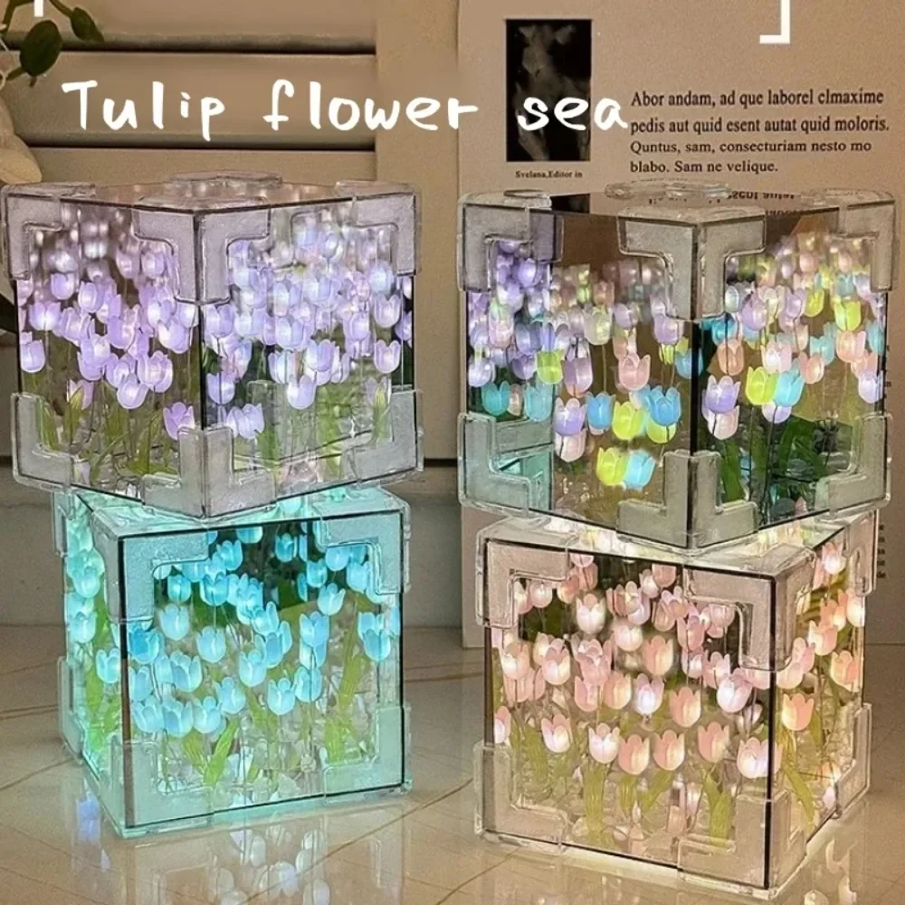 DIY 튤립 거울 큐브 램프 시뮬레이션 꽃 침실 잠자는 테이블 램프 수제 공예 튤립 거울 밤 빛 생일 선물