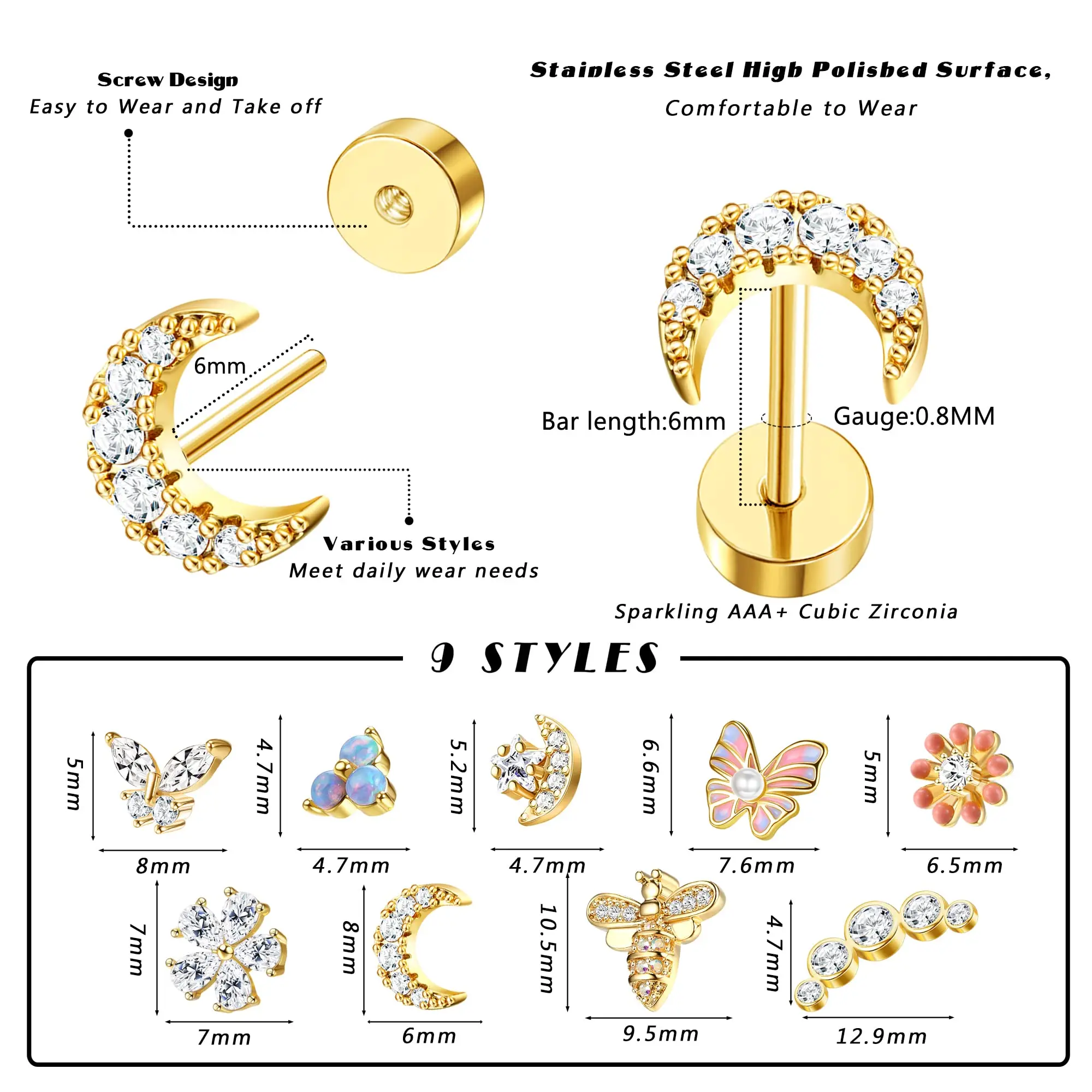 Drperfect 1pc 연골 귀걸이 스터드 여성용 외과 강철 플랫 백 귀걸이 나비 꽃 Tragus Helix 피어싱 쥬얼리