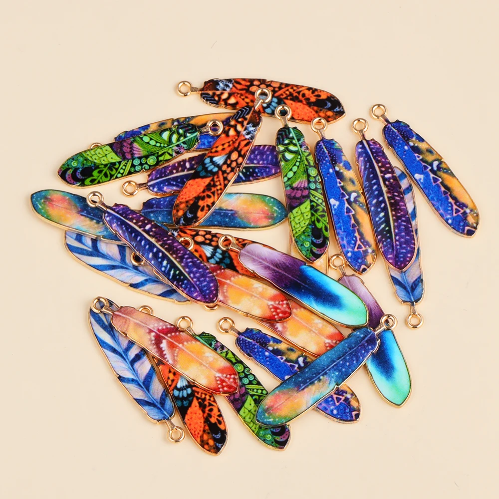 10Pcs 보헤미안 민족 스타일의 매력 여성을위한 다채로운 에나멜 깃털 합금 펜던트 DIY 귀걸이 쥬얼리 공예 합금 Accessorie