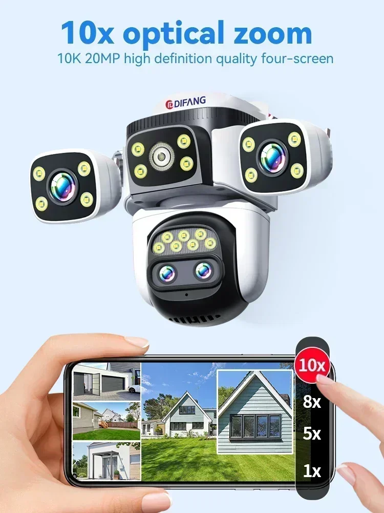 10K 20MP 홈 보안 WiFi 카메라 4렌즈 4화면 360 °   PTZ 10X 줌 CCTV 무선 감시 IP 캠 보안 보호