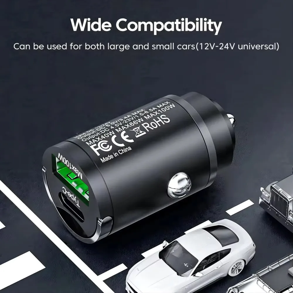 미니 100W PD QC 풀 링 빠른 충전 차량용 충전기 USB C 차량용 전화 충전기 어댑터 iPhone Xiaomi Samsung Huawei