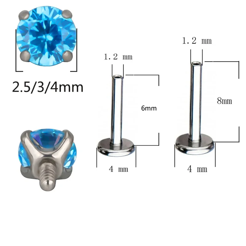 ASTM F136 티타늄 PIERC 귀 립 스터드, 원형 CZ 탑 Labret 코 스터드 스레드 귀걸이 멀티 사이즈 바디 피어싱 쥬얼리