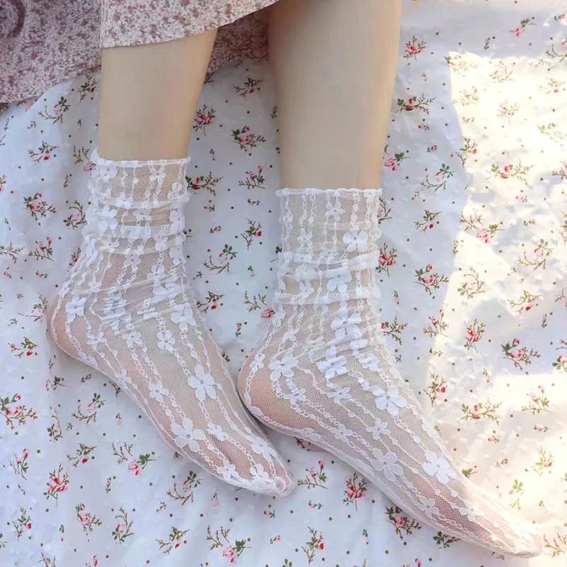 여성 하라주쿠 카와이 숙녀 통기성 투명 꽃 레이스 양말 스위트 메쉬 Fishnet 양말 부드러운 웃긴 양말 양말