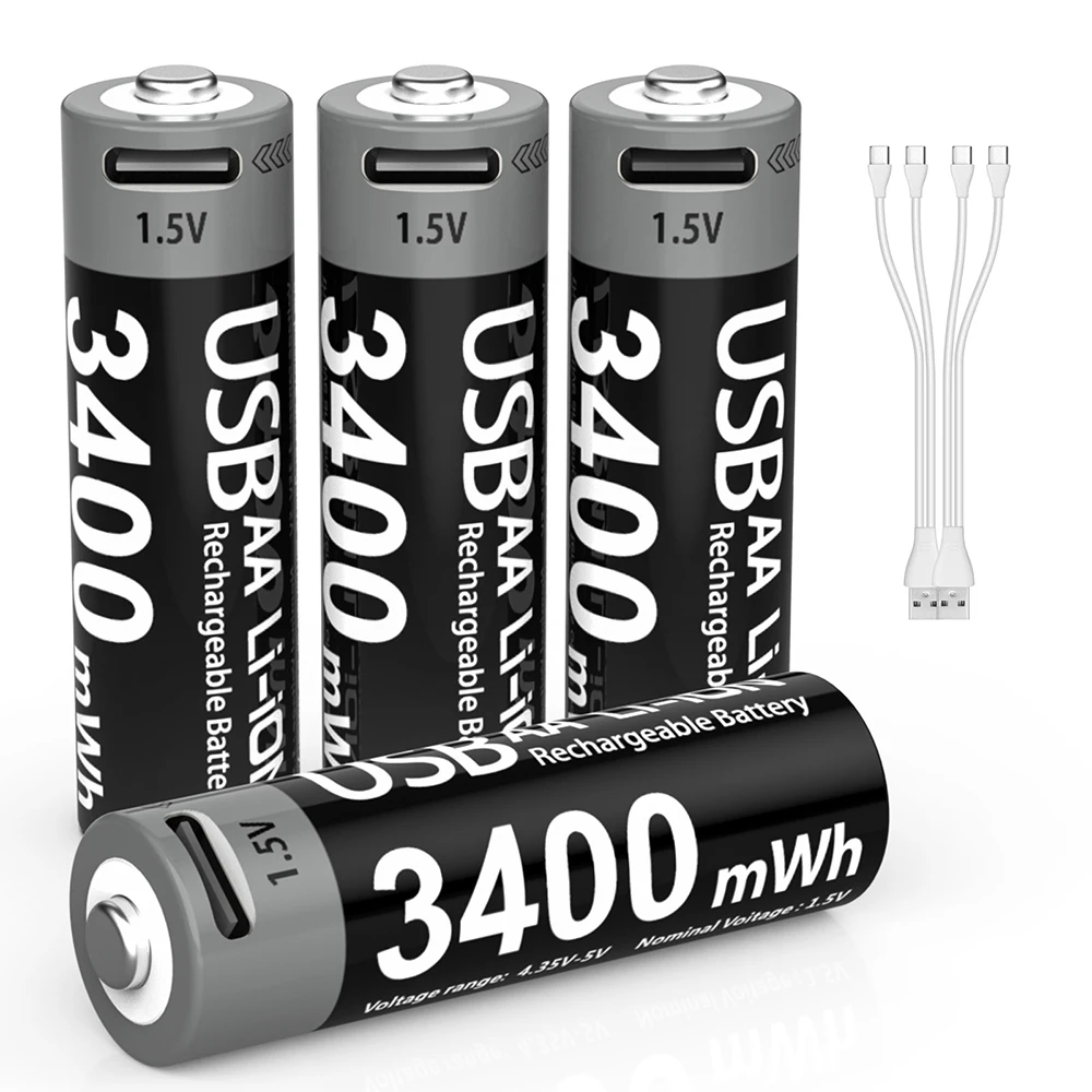 MATOV 리튬이온 AA 및 AAA 충전식 배터리 USB 리튬이온 3400mWh 1.5V AA 충전식 배터리+1100mWh 1.5V AAA 배터리