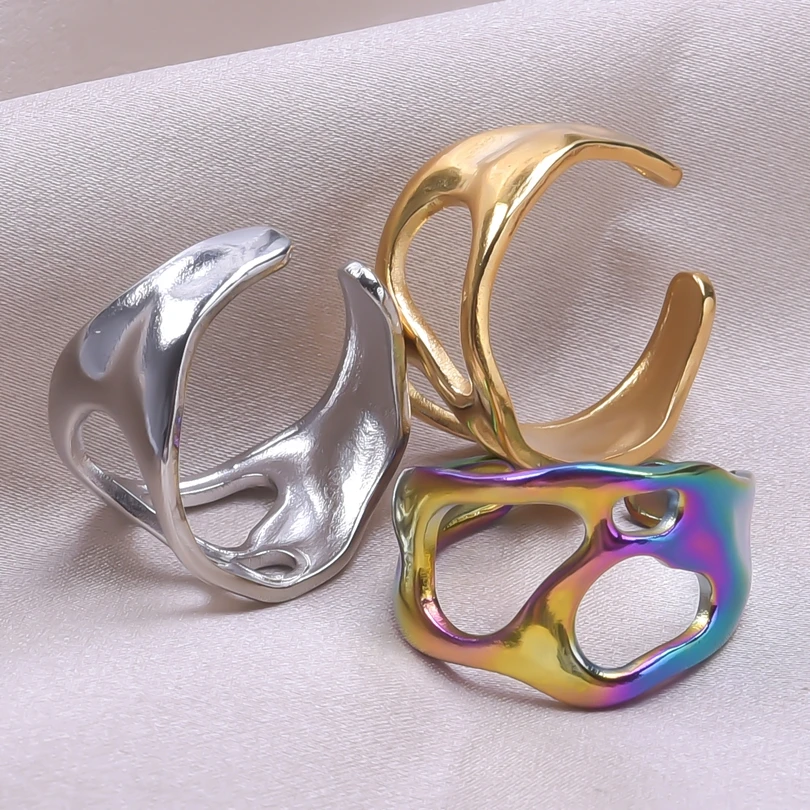 1Pc 스테인레스 스틸 방수 여성 성격 질감 Chunky 오픈 반지 빈티지 중공 불규칙한 다층 Anillos 쥬얼리