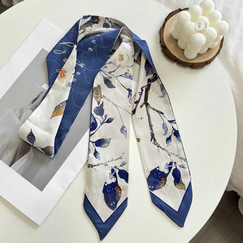 패션 Floret 인쇄 Hairband 실크 새틴 가방 스카프 여성을위한 스키니 긴 손목 리본 목 스카프 여성을위한 헤어 스카프