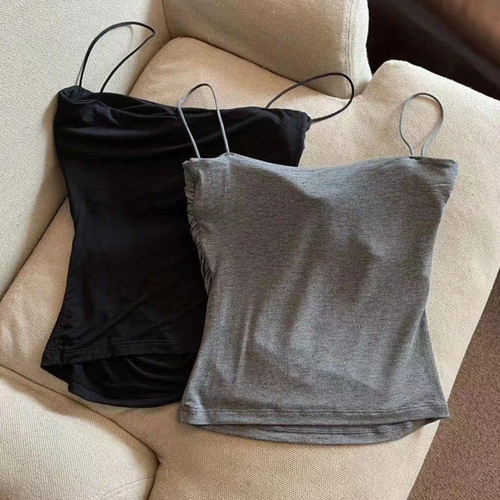 여름 캐미솔 탱크 탑 여성용 브래지어 스파게티 스트랩 탱크 조끼 민소매 티셔츠 크롭 탑 솔리드 컬러 캐주얼 탑