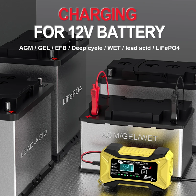 12V 6A 자동차 배터리 충전기 펄스 수리 LiFePO4 14.6V 스마트 빠른 충전 AGM 딥 사이클 젤 납산 충전기 자동 오토바이