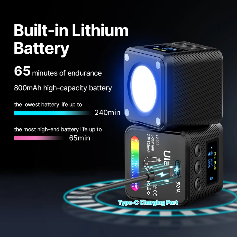 울란지 L2 RGB 미니 COB 비디오 조명 360 °   DSLR 카메라 번개 사진 블로그 라이브용 디퓨저가 포함된 풀 컬러 자기 조명