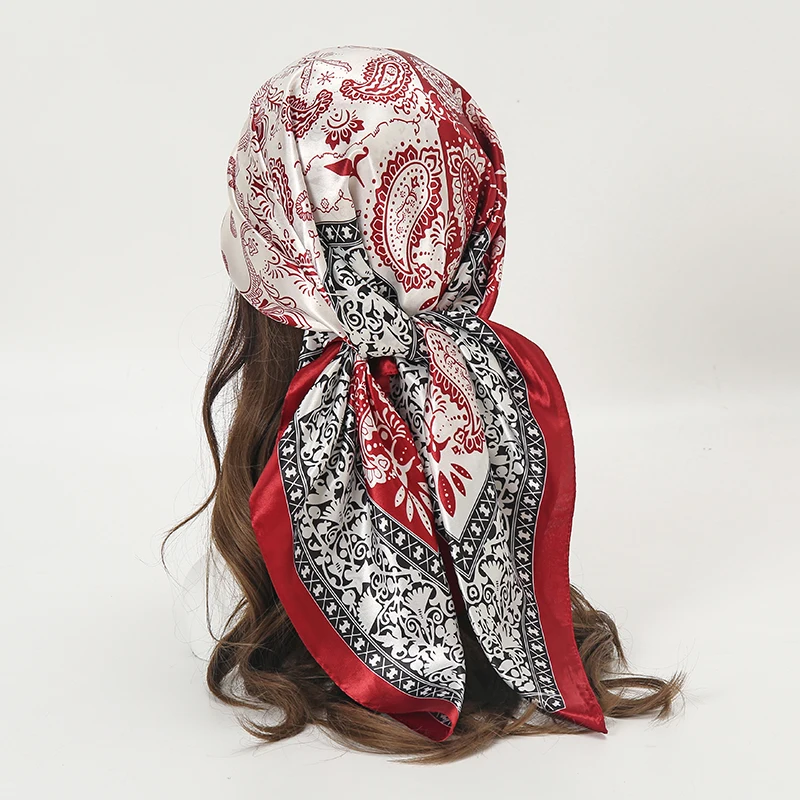 새틴 스퀘어 스카프 여성 이슬람 Hijab 우아한 2025 인쇄 실크 Neckerchief 목도리 랩 머리띠 핸들 헤어 액세서리 두건