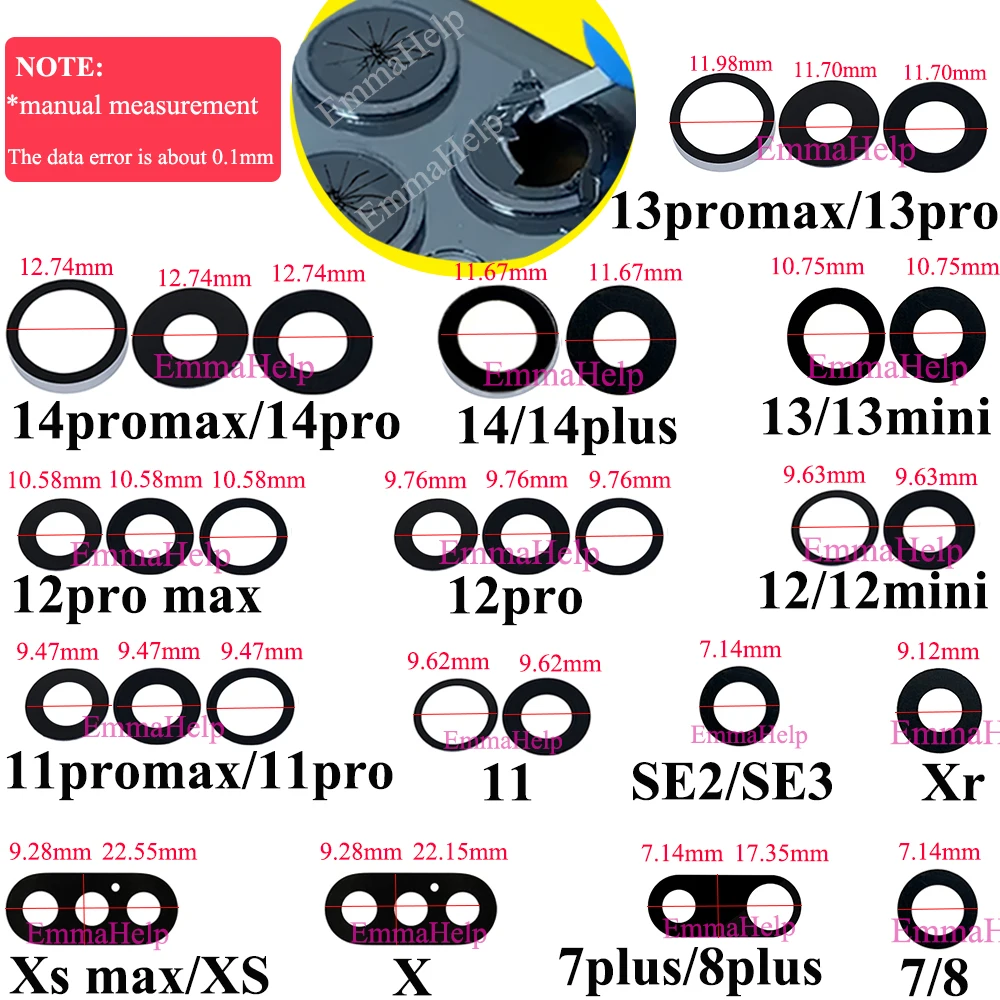 EmmaHelp 10set 후면 카메라 유리 iPhone 15 14 13 XR X XS SE 7 8 11 12 Pro Max 후면 카메라 렌즈 커버 교체 스티커 A +
