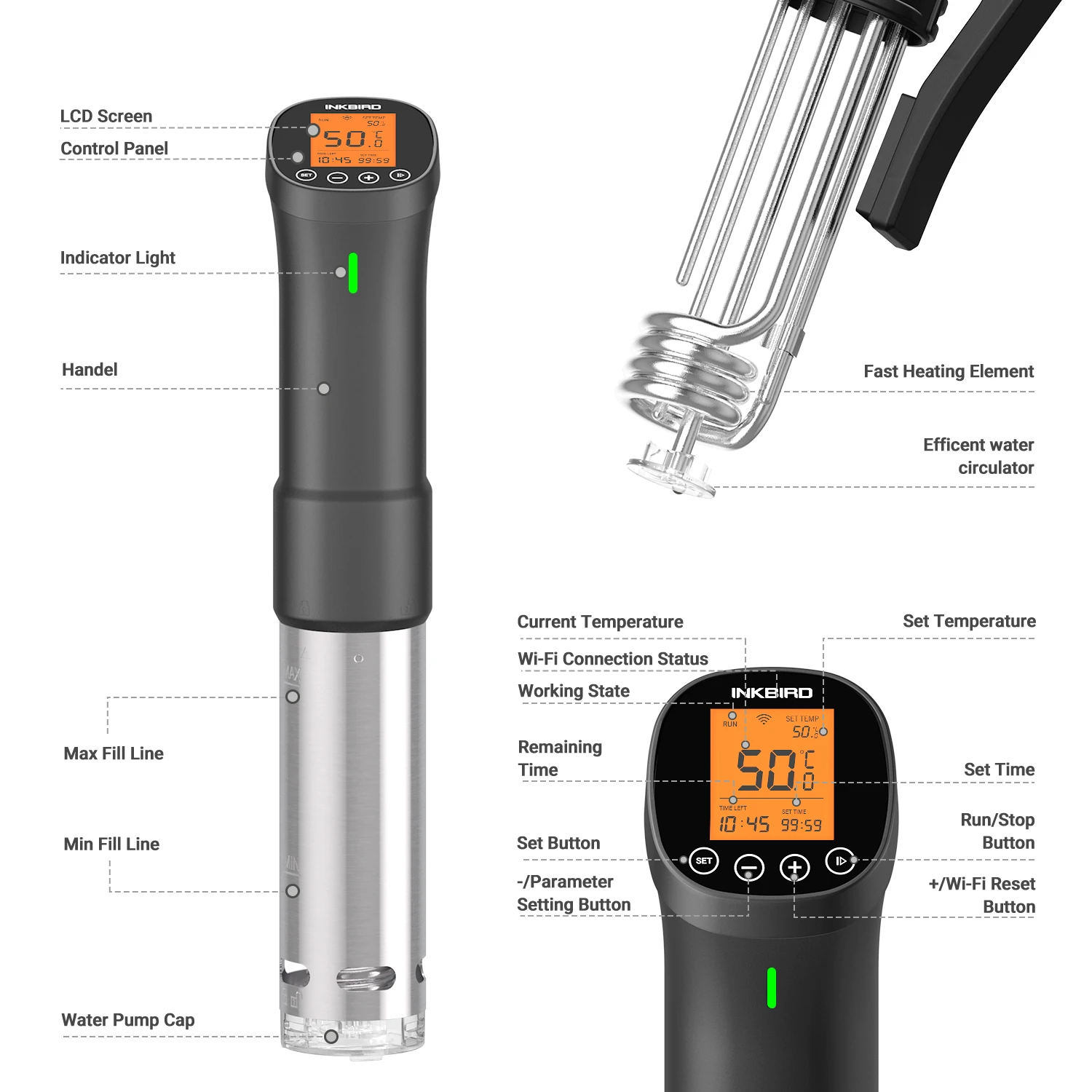 INKBIRD 요리용 수비드 ISV-200W Wi-Fi 정밀 쿠커, 강력하고 내구성 있는 침수 순환기, 스테인리스 스틸 부품 포함