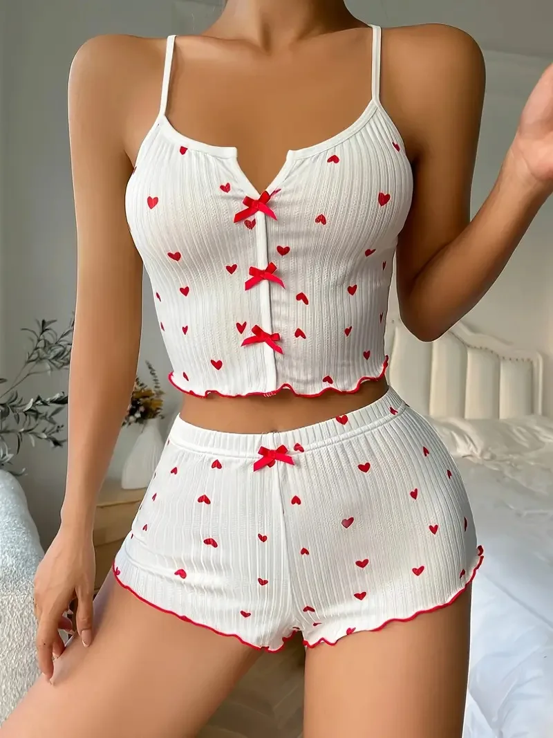 잠옷 여성 잠옷 세트 하트 프린트 부드러운 골지 패브릭과 Flirty Frill Trim 캐주얼 캐미 탑과 반바지 세트 Loungewear