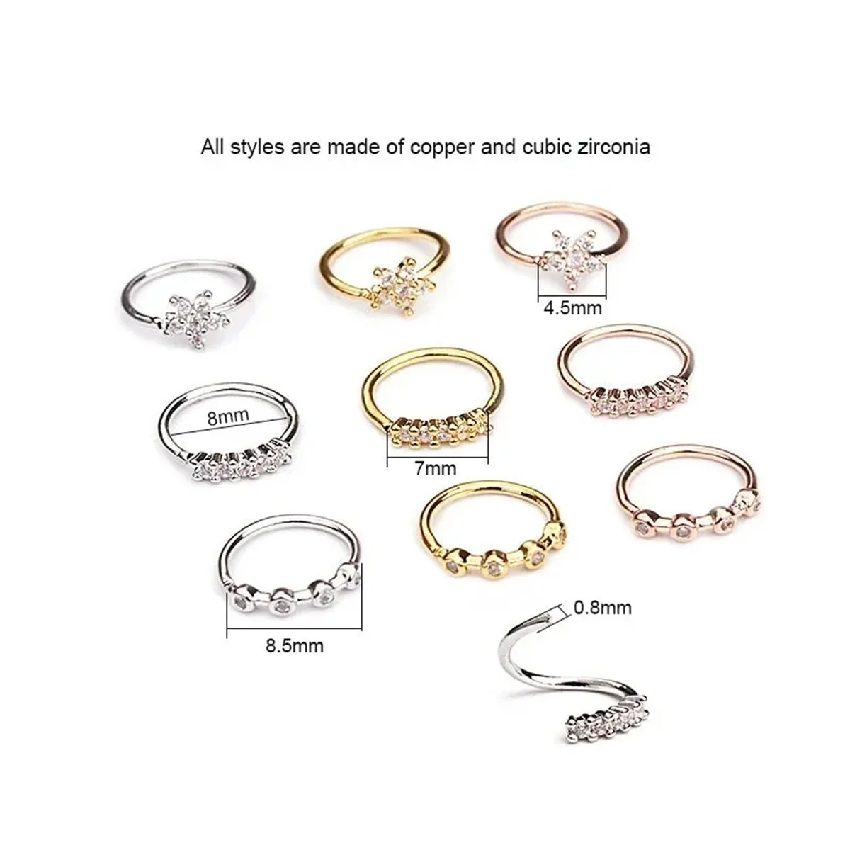 3pcs 지르콘 코 링 콧 구멍, 조정 가능한 꽃 후프 링 Tragus 귀 연골 귀걸이 저자 극성 코 피어싱 쥬얼리