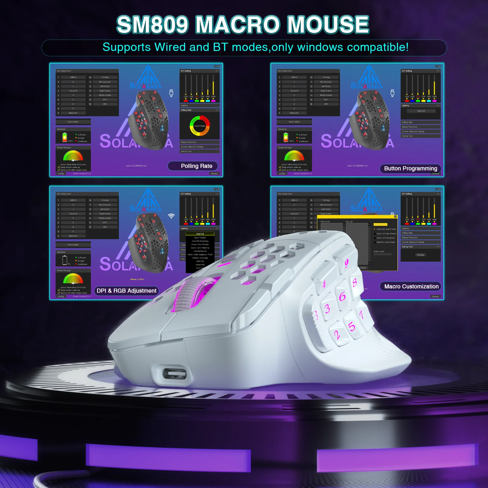 SOLAKAKA SM809 Pro 무선 MMO 게임용 마우스 PAW3311 16 측면 버튼 24000 DPI RGB 허니컴 프로그래밍 가능 매크로 무선 마우스
