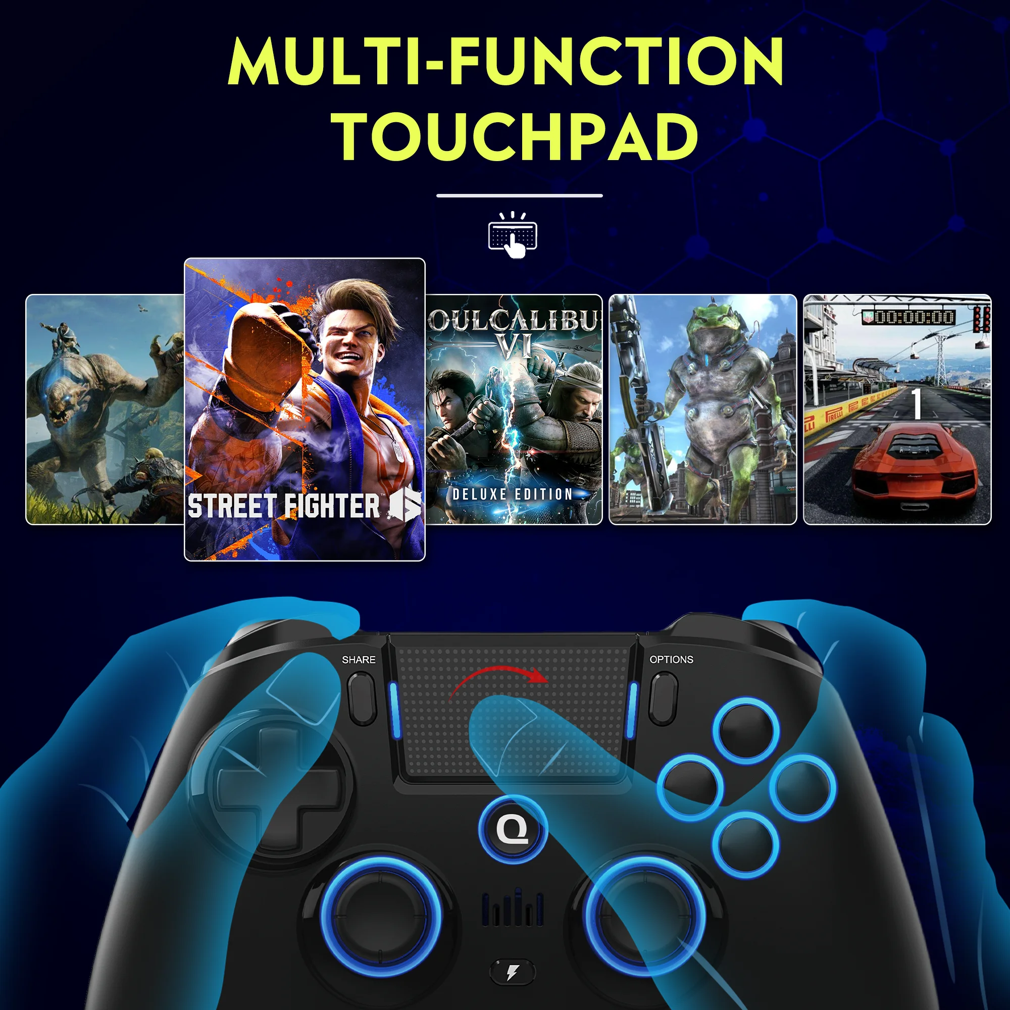 PS5 PS4 PS3 IOS 안드로이드 PC 홀 9 색 LED 조명 진동 효과 PS4 게임 패드 용 기존 QRD Spark N5 무선 컨트롤러