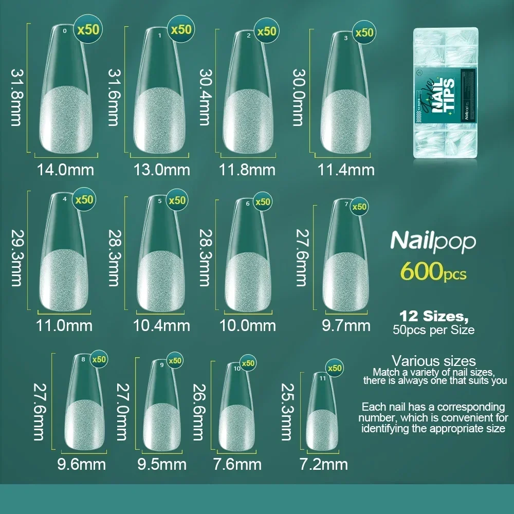 NAILPOP 소프트 젤 네일 팁 600PCS 프리 버프 풀 커버 관 아몬드 타원형 네일 익스텐슨 팁 하프 매트 젤 X 가짜 손톱