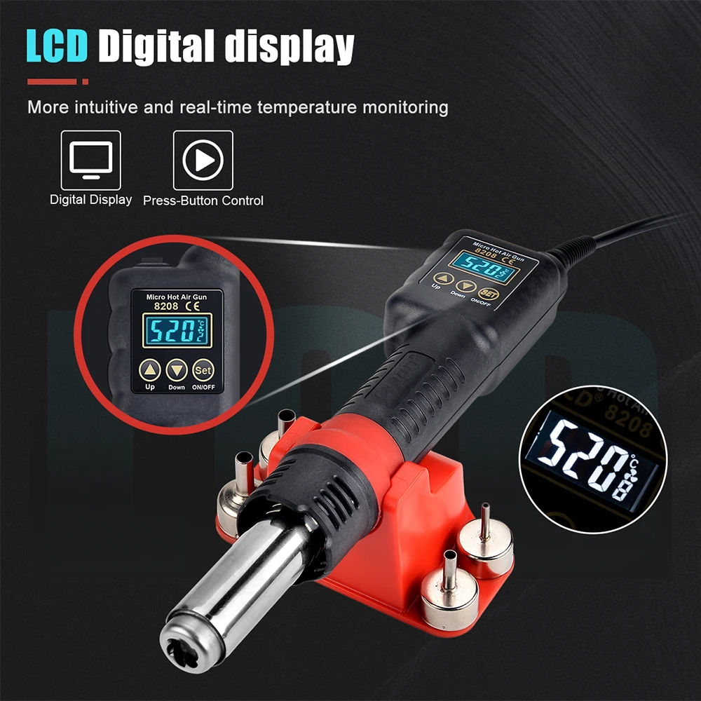 JCD 8208 마이크로 핫 에어 건 750W 용접 재 작업 스테이션 LCD 디지털 디스플레이 납땜 히트 건 헤어 드라이어 BGA IC 솔더 도구