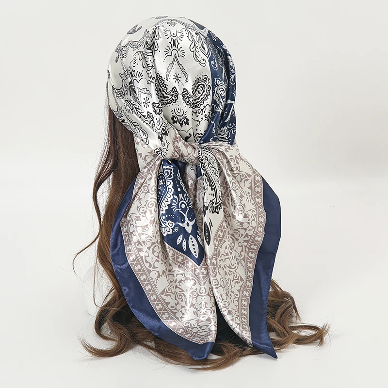 새틴 스퀘어 스카프 여성 이슬람 Hijab 우아한 2025 인쇄 실크 Neckerchief 목도리 랩 머리띠 핸들 헤어 액세서리 두건