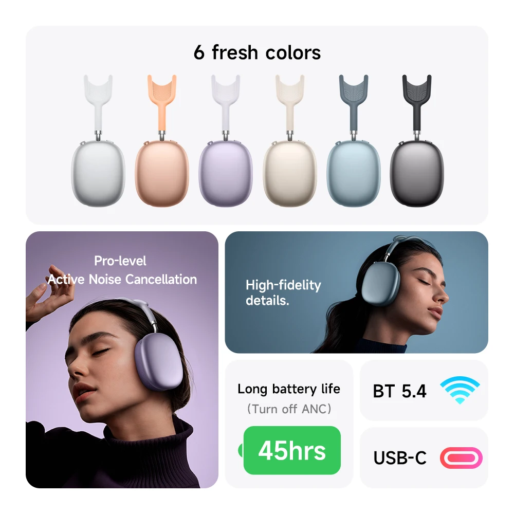 HOCO W65 Plus ANC 소음 감소 Bluetooth 헤드폰 귀 무선 대형 이어폰 Hifi 사운드 스포츠 헤드셋 (버튼 포함)