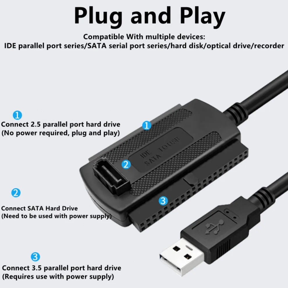 3 in 1 IDE SATA-USB 어댑터 케이블 USB-SATA IDE 변환기(2.5 3.5인치 SSD HDD, AC 어댑터 지원 Windows MAC OS)
