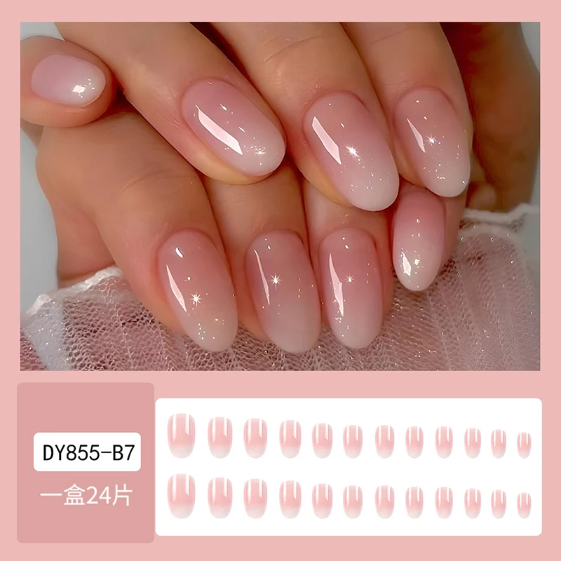 24Pcs 손톱에 타원형 짧은 핑크 프레스 달콤한 Sassy Cool Women & Girl 이동식 웨어러블 네일 아트를위한 간단한 Ombre 봄 거짓 손톱