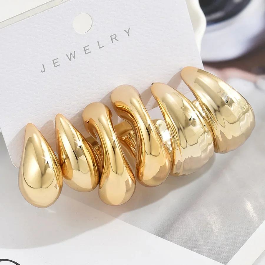 LATS 6Pcs 빈티지 클래식 기하학 광택 Ccb 골드 도금 C 모양 후프 귀걸이 여성을위한 설정 Waterdrop Earing 패션 쥬얼리