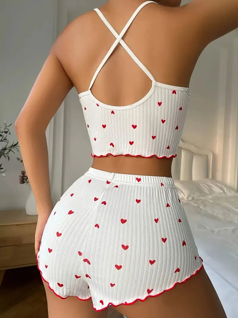 잠옷 여성 잠옷 세트 하트 프린트 부드러운 골지 패브릭과 Flirty Frill Trim 캐주얼 캐미 탑과 반바지 세트 Loungewear