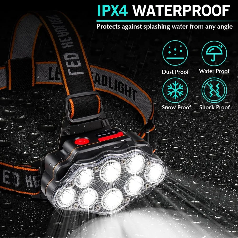 LED USB 충전식 헤드 램프, 높은 루멘, 밝은 헤드 램프, 8 LED USB 헤드라이트, IPX4 방수 헤드 손전등, 캠핑 라이트