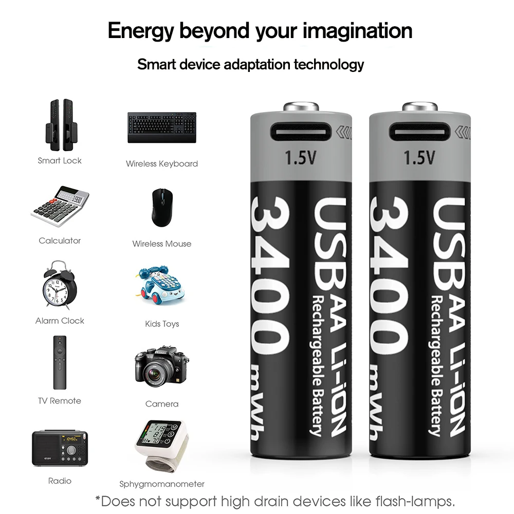 MATOV 리튬이온 AA 및 AAA 충전식 배터리 USB 리튬이온 3400mWh 1.5V AA 충전식 배터리+1100mWh 1.5V AAA 배터리