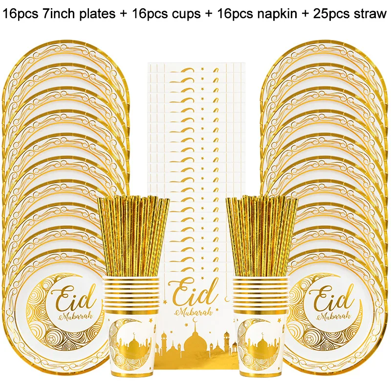 Eid Mubarak 일회용 식기, 골드 플레이트 컵 배너 선물 가방, 이슬람 무슬림 파티 용품, 2024 라마단 카림 장식