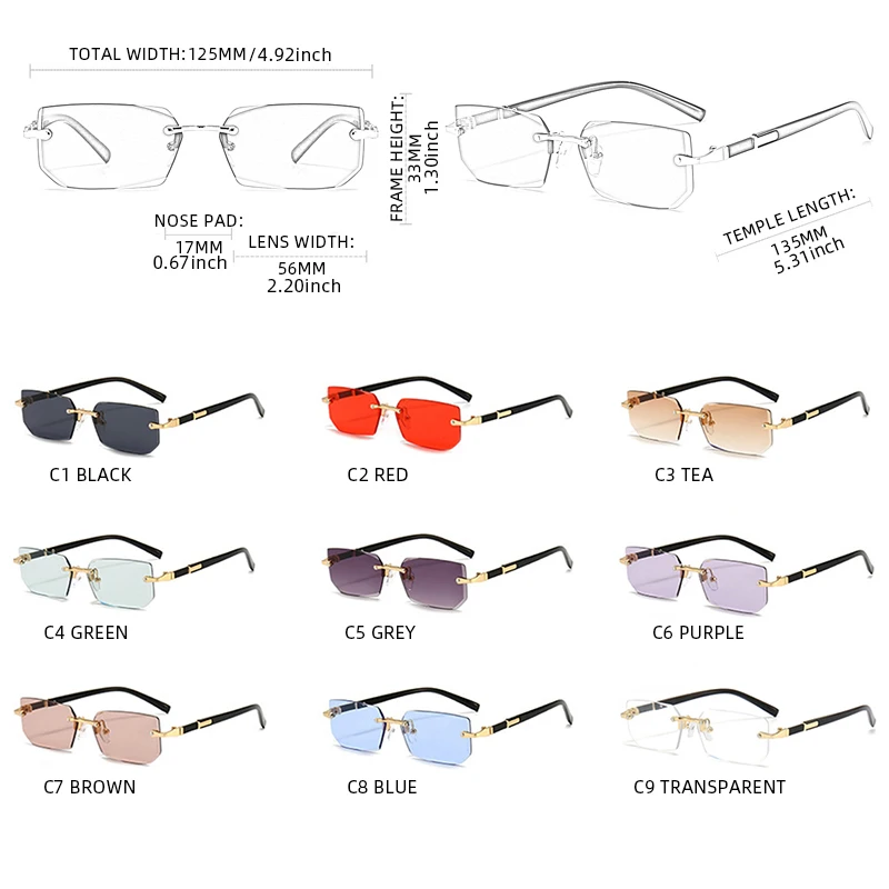패션 무테 선글라스 남성 여성 인기 Frameless Sun Glasses 남성 여성 클래식 작은 사각형 여름 여행 그늘