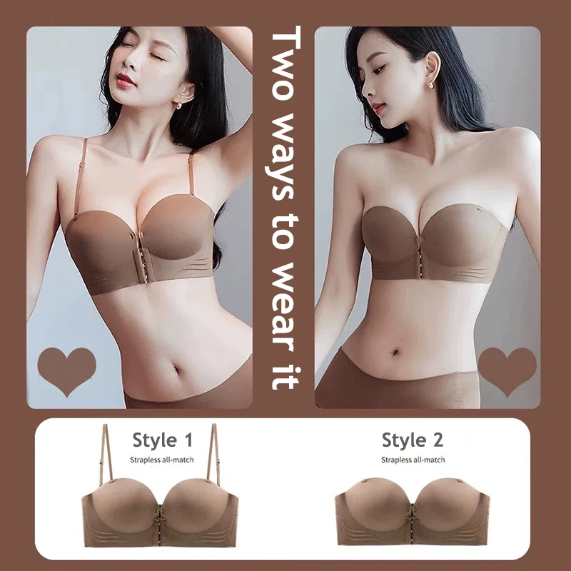 여성용 프론트 클로저 스트랩리스 브래지어, 심리스 푸시 업 브래지어, 두껍고 부드러운 속옷, 단색 조절 가능 보이지 않는 란제리