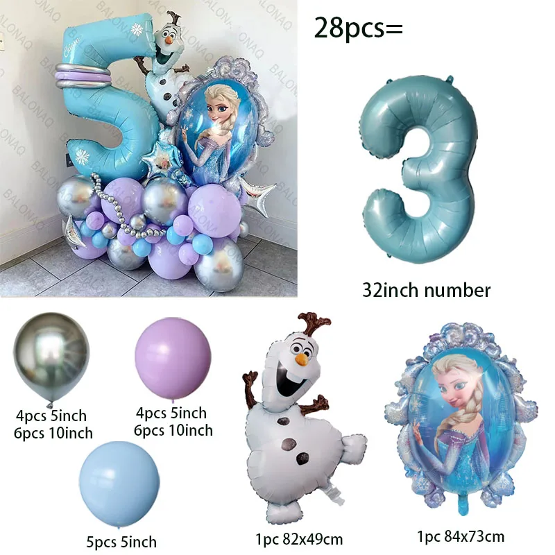 28pcs 냉동 공주 엘사 풍선 호일 글로브 소녀 생일 파티 베이비 샤워 장식 기념일 용품