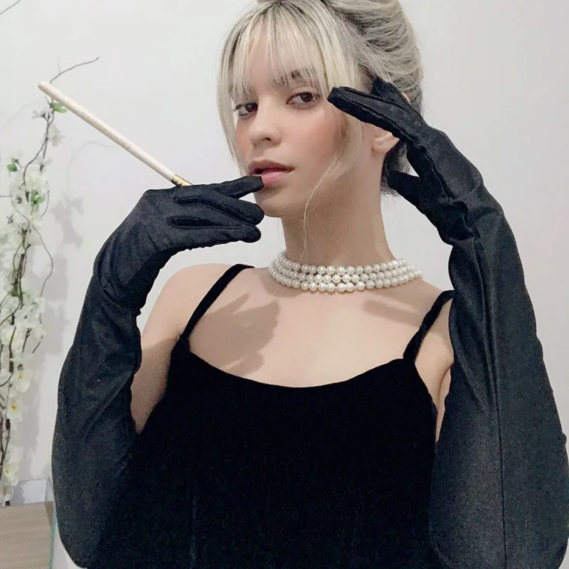 새로운 클래식 성인 블랙 화이트 레드 스킨 오페라/팔꿈치/손목 스트레치 새틴 손가락 긴 장갑 여성 플래퍼 장갑 매칭 의상