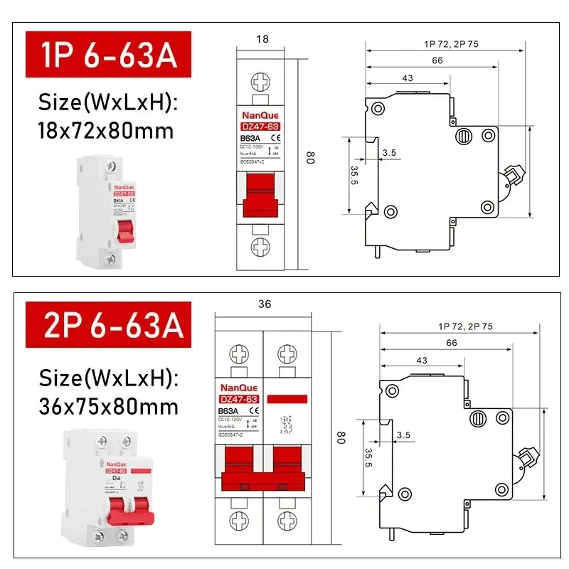 DC MCB 12V 24V 48V 60V 110V 회로 차단기 배터리 보호 스위치 포지티브 네거티브 단락 회로 2P 10A 20A 50A 100A 125A 150A