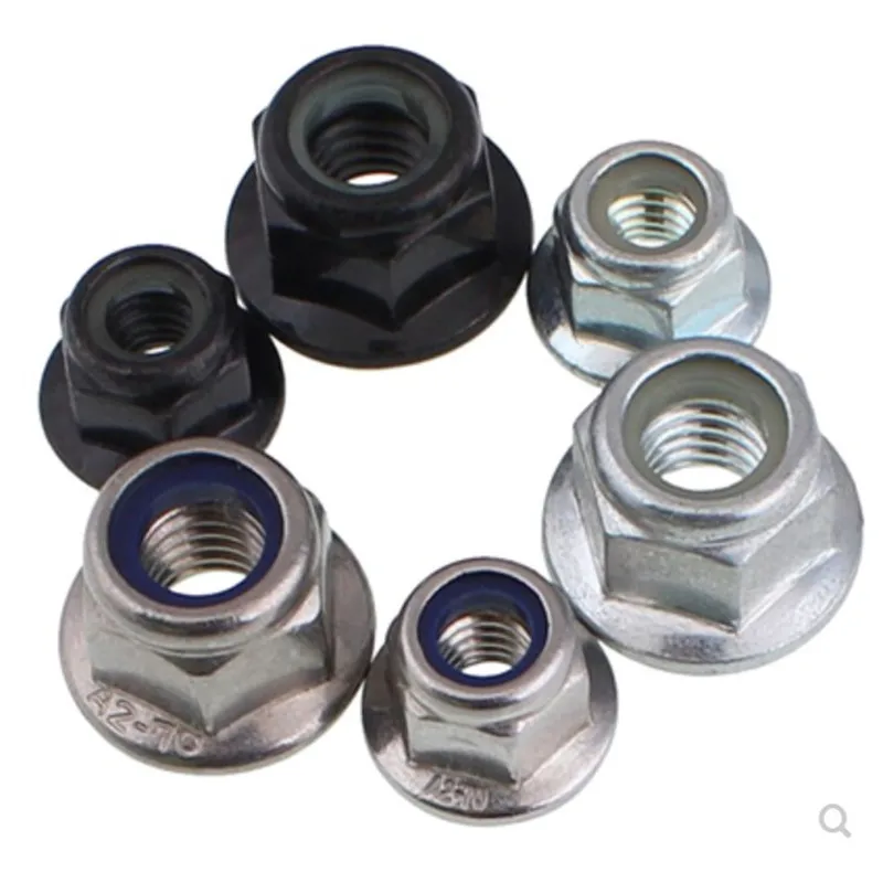2-50pcs M3 M4 M5 M6 M8 M10 M12 검정색 플랜지가있는 스테인레스 스틸 나일론 잠금 너트 삽입 잠금 너트 자동 잠금 Nylock 너트