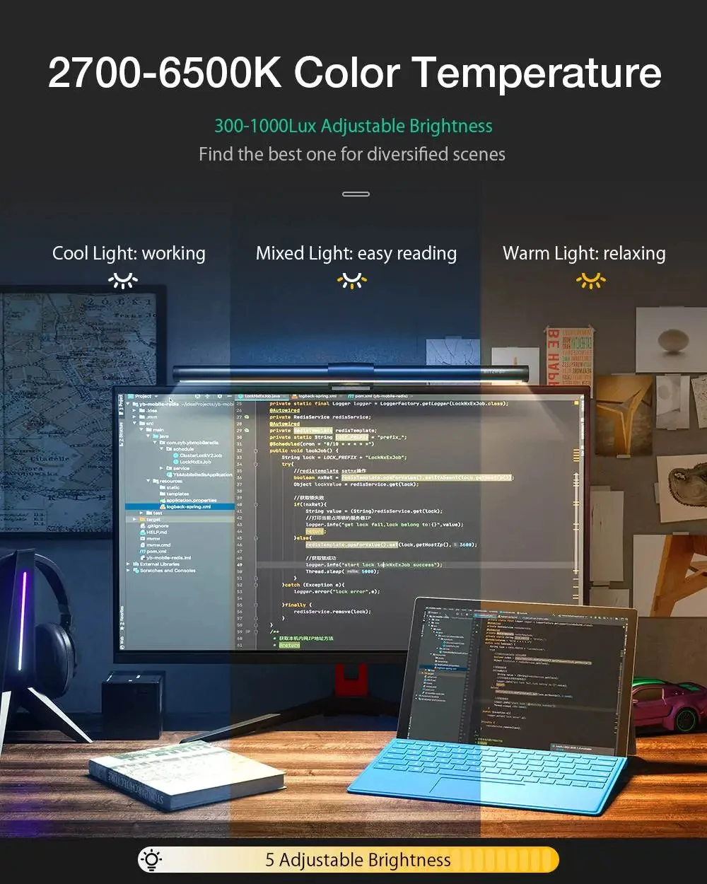 RGB 데스크탑 분위기 조명 스트립, LED 눈 보호 학습 독서 행잉 램프, PC 디스플레이 스크린 조명, 야간 조명