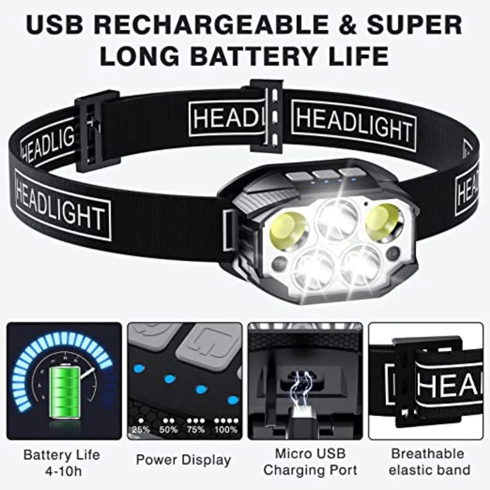 1200 루멘 Led 충전식 전조등 모션 센서 헤드 라이트 방수 헤드 손전등 야외 캠핑 낚시 헤드 램프