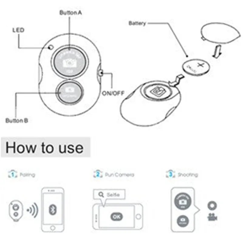 미니 카메라 블루투스 호환 리모콘 사진 셔터 릴리즈 버튼 IOS/Android 스마트폰용 전화 셀카