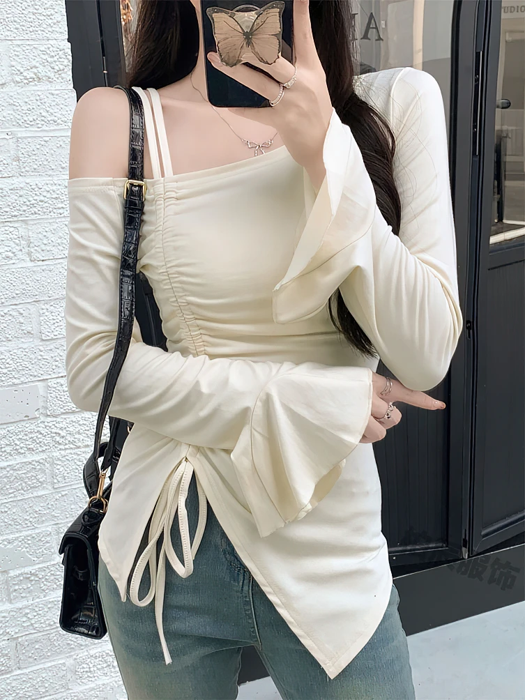 달콤한 섹시한 Drawstring 리본 화이트 오프 숄더 탑 여성 기본 긴 소매 바디 티셔츠 우아한 플레어 슬리브 레이디 티셔츠