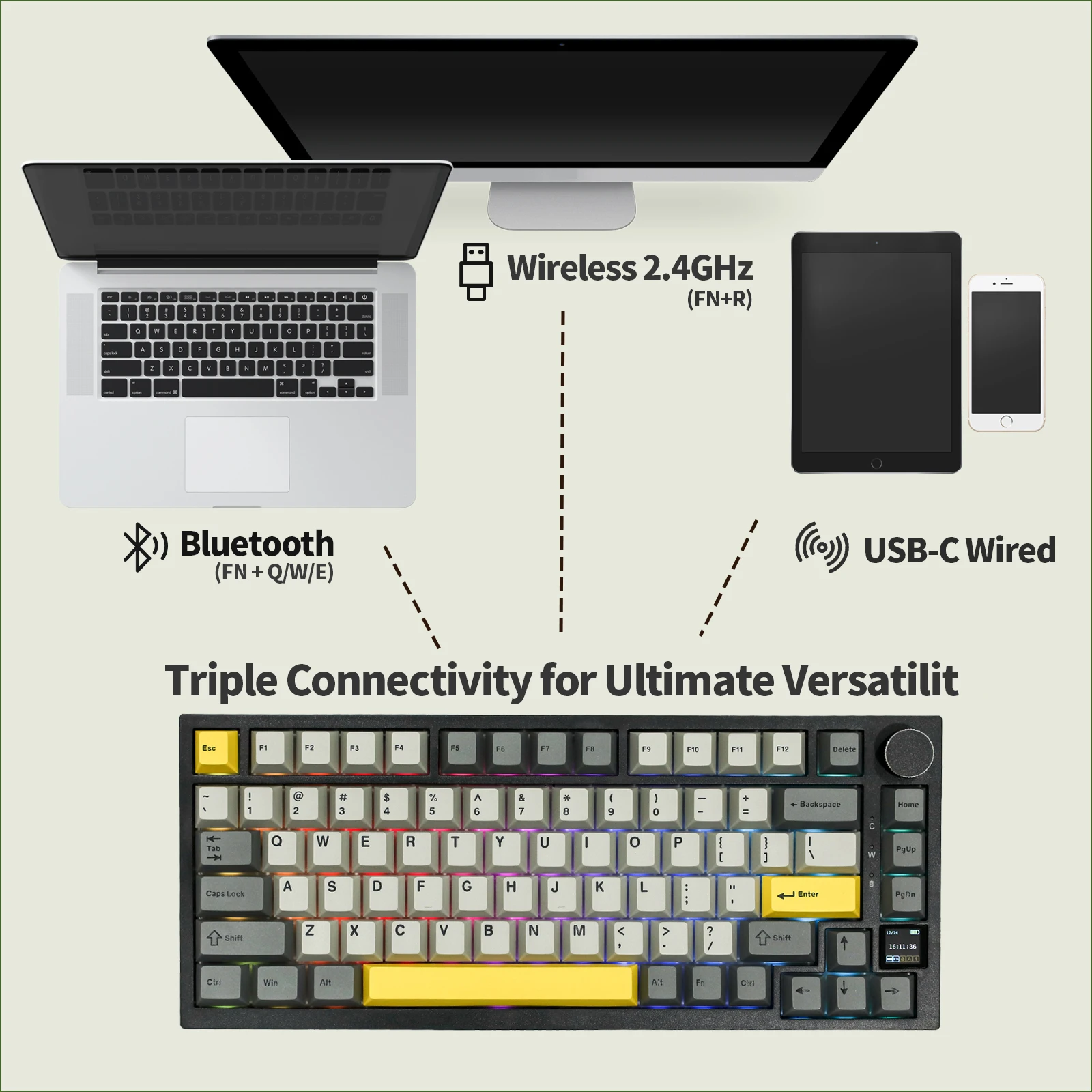 Ajazz 75% 개스킷 장착 블루투스 5.1, 2.4G 무선, C 타입 유선 기계식 키보드, Mac/Win용 TFT 스크린 포함, AK820 Pro