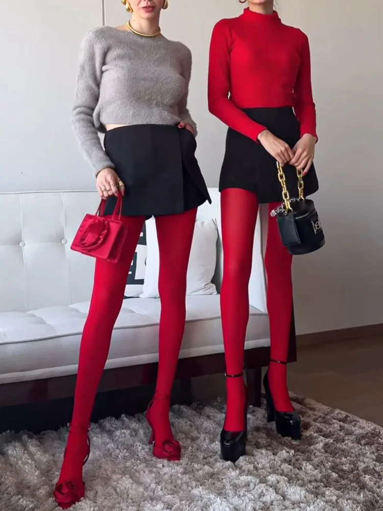 Trendix 새로운 레드 스타킹 여성 Bodycon 슈퍼 탄성 레이스 팬티 스타킹을 통해 볼 가을 섹시 슬림 우아한 부르고뉴 스타킹 겨울