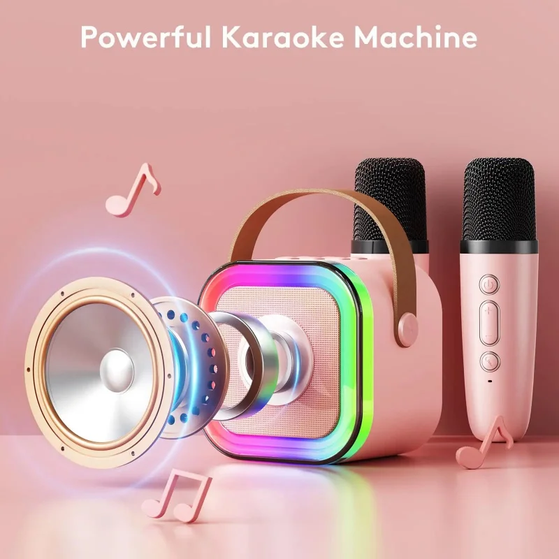 K12 무선 마이크 1-2 개 포함 노래방 기계, 휴대용 5.3 PA 블루투스 스피커 시스템, RGB 조명 오디오, 가정용 KTV, 어린이 선물