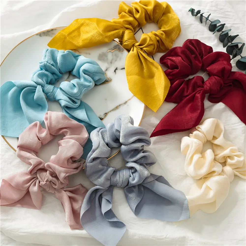 여자를위한 새로운 시폰 Bowknot 탄성 헤어 밴드 여자 솔리드 컬러 Scrunchies 머리띠 헤어 넥타이 포니 테일 홀더 헤어 액세서리