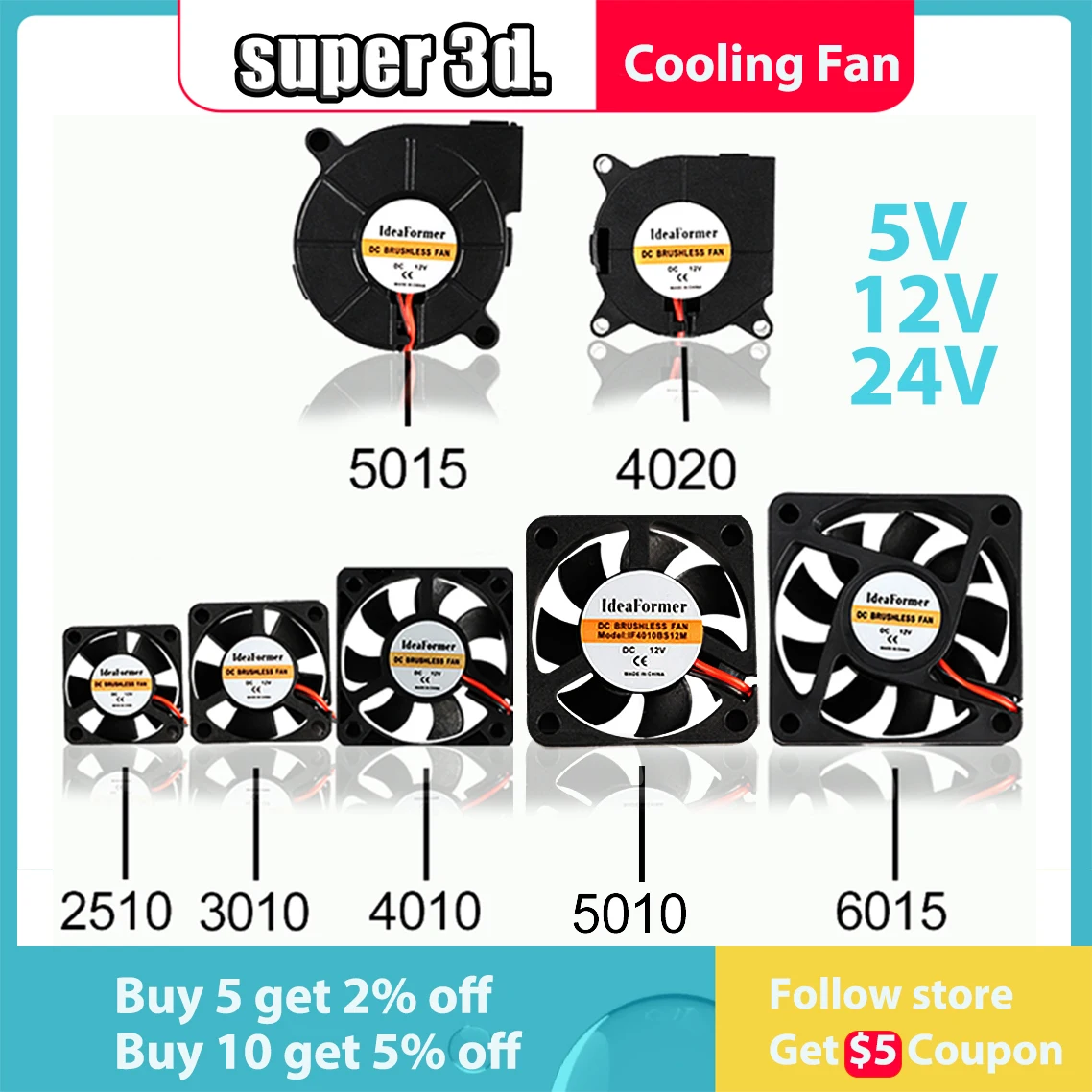 5015/4010/4020 12V 및 24V 냉각 터보 팬 브러시리스 3D 프린터 부품 압출기 DC 쿨러 송풍기 플라스틱 팬용 2Pin envio 무료 title=5015/4010/4020 12V 및 24V 냉각 터보 팬 브러시리스 3D 프린터 부품 압출기 DC 쿨러 송풍기 플라스틱 팬용 2Pin envio 무료 