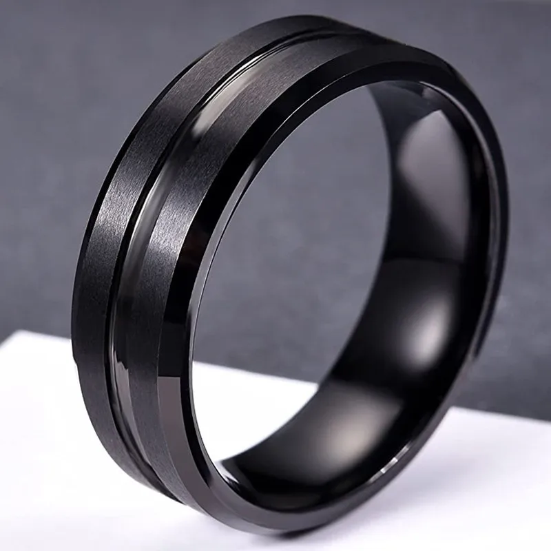 패션 8mm 남자 블랙 텅스텐 웨딩 밴드 반지 블랙 그루브 경 사진 가장자리 약혼 반지 남자 발렌타인 선물 쥬얼리