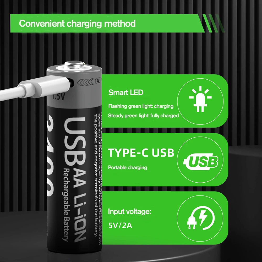 MATOV 리튬이온 AA 및 AAA 충전식 배터리 USB 리튬이온 3400mWh 1.5V AA 충전식 배터리+1100mWh 1.5V AAA 배터리