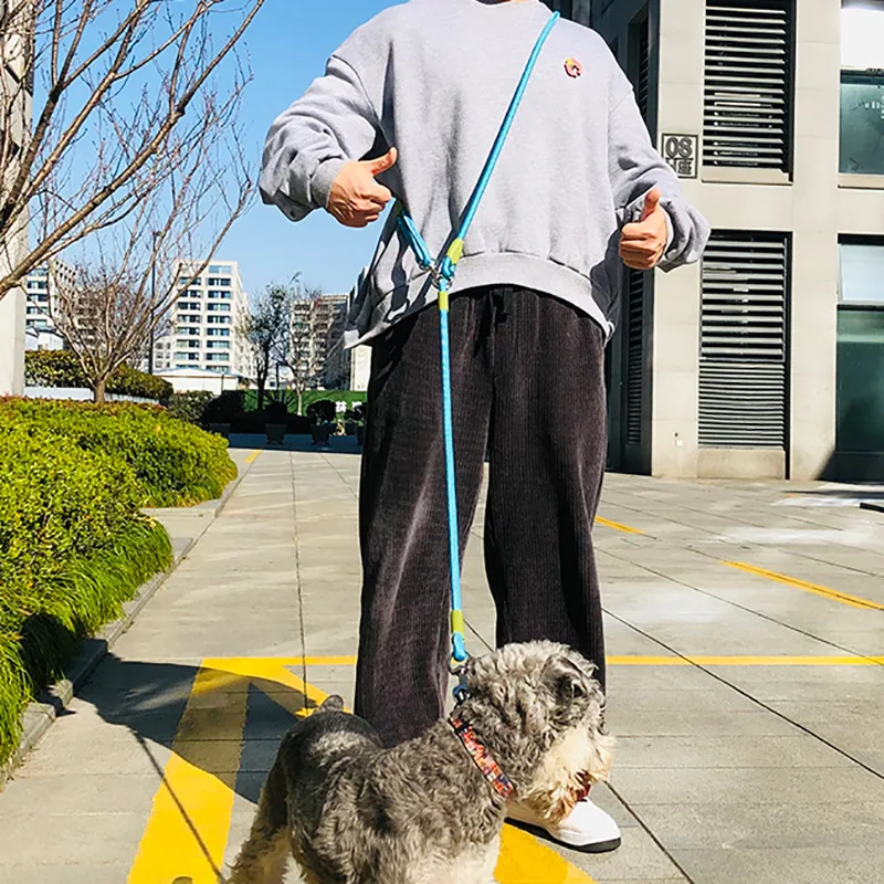 반사 나일론 가죽 끈 애완견 개 체인 견인 로프 달리기 개 산책을위한 리드 작은 대형 개를위한 무료 손 로프 체인